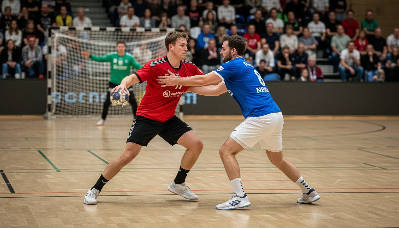 Handball-Bundesliga-Spiel mit Spielern im Zweikampf am Torkreis