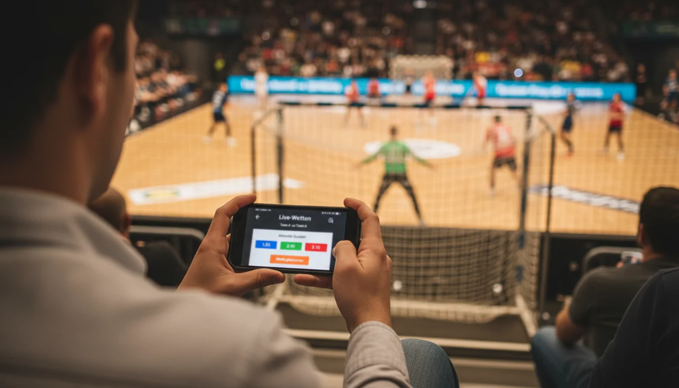 Fan verfolgt ein Handball-Spiel live auf dem Smartphone in der Halle
