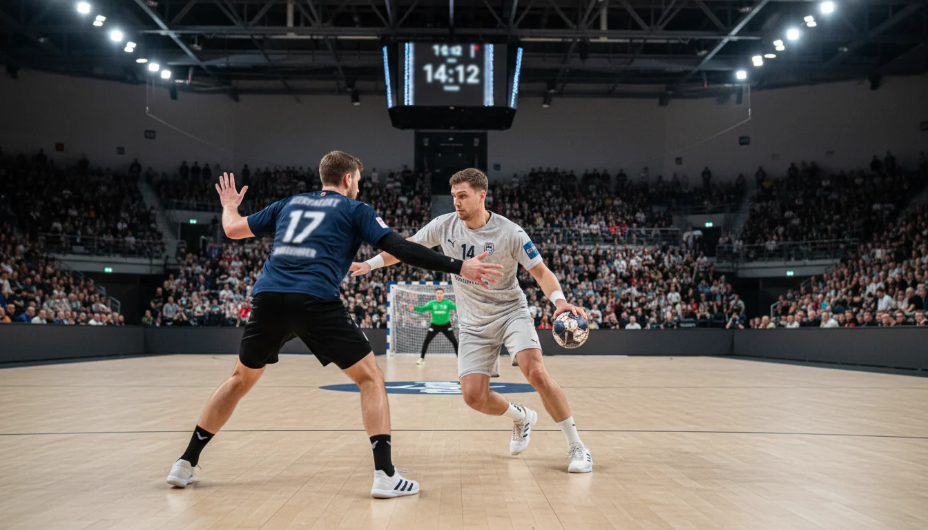 Handball-Spielszene in einer vollen Halle mit Anzeigetafel und Spielern in Aktion auf dem Feld
