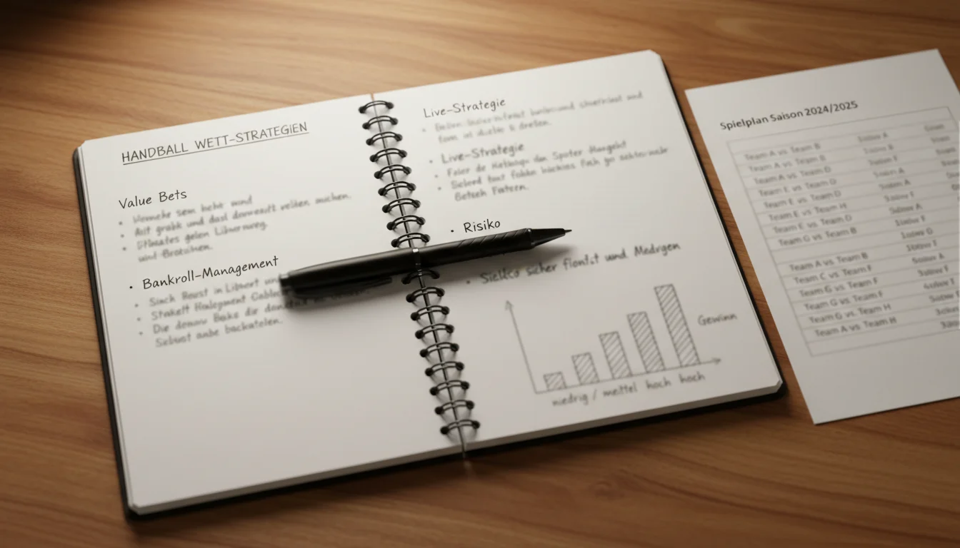 Notizbuch mit Handball-Wettstrategien neben einem Spielplan und Stift