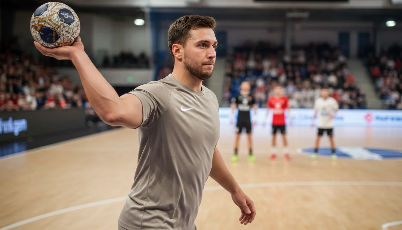 Nahaufnahme eines Handballspielers mit dem Ball vor dem Wurf in einer beleuchteten Sporthalle
