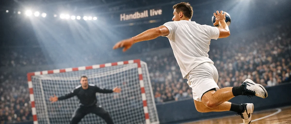 Handball-Spielszene in einer vollen Halle mit dramatischer Beleuchtung