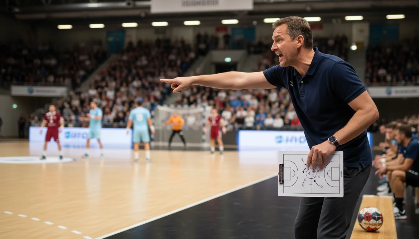 Handballtrainer analysiert Spieltaktik am Spielfeldrand mit Spielern im Hintergrund