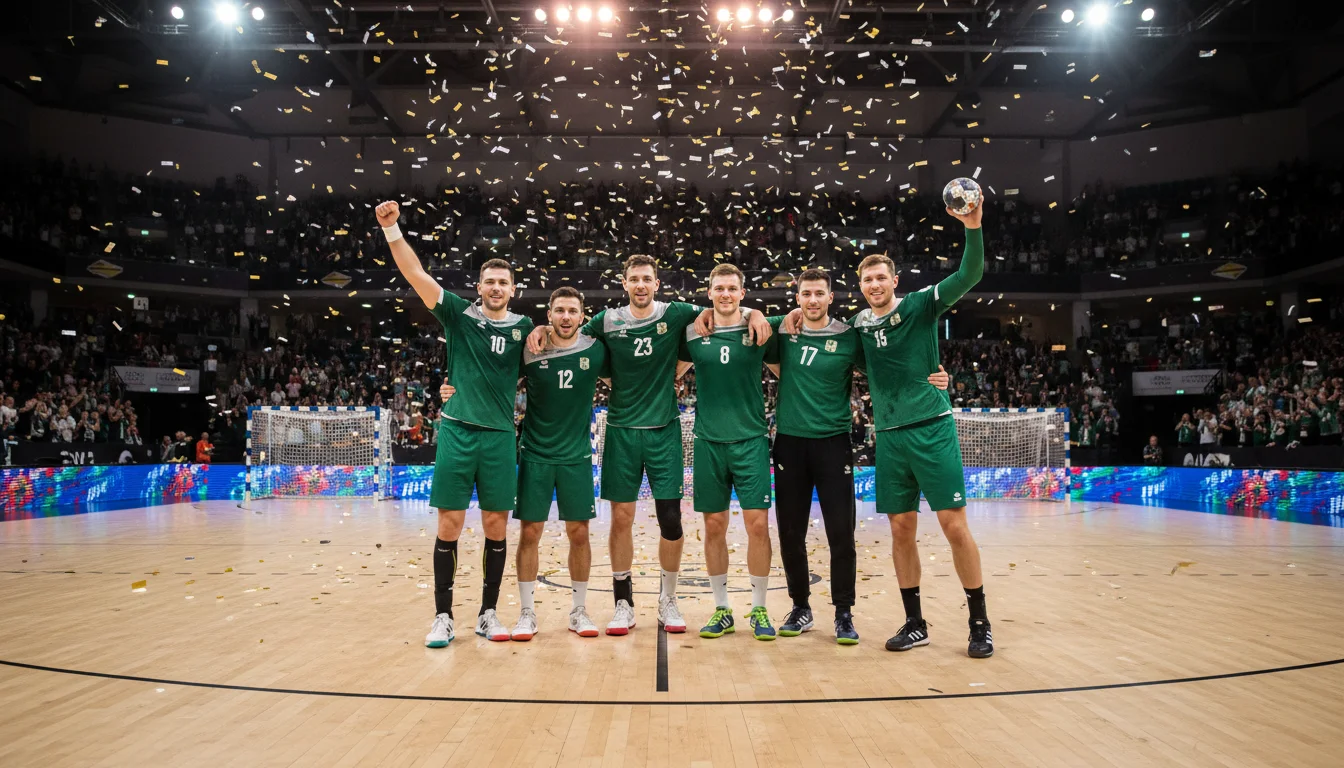 Handball-Nationalmannschaft feiert einen Sieg bei der Weltmeisterschaft in großer Arena